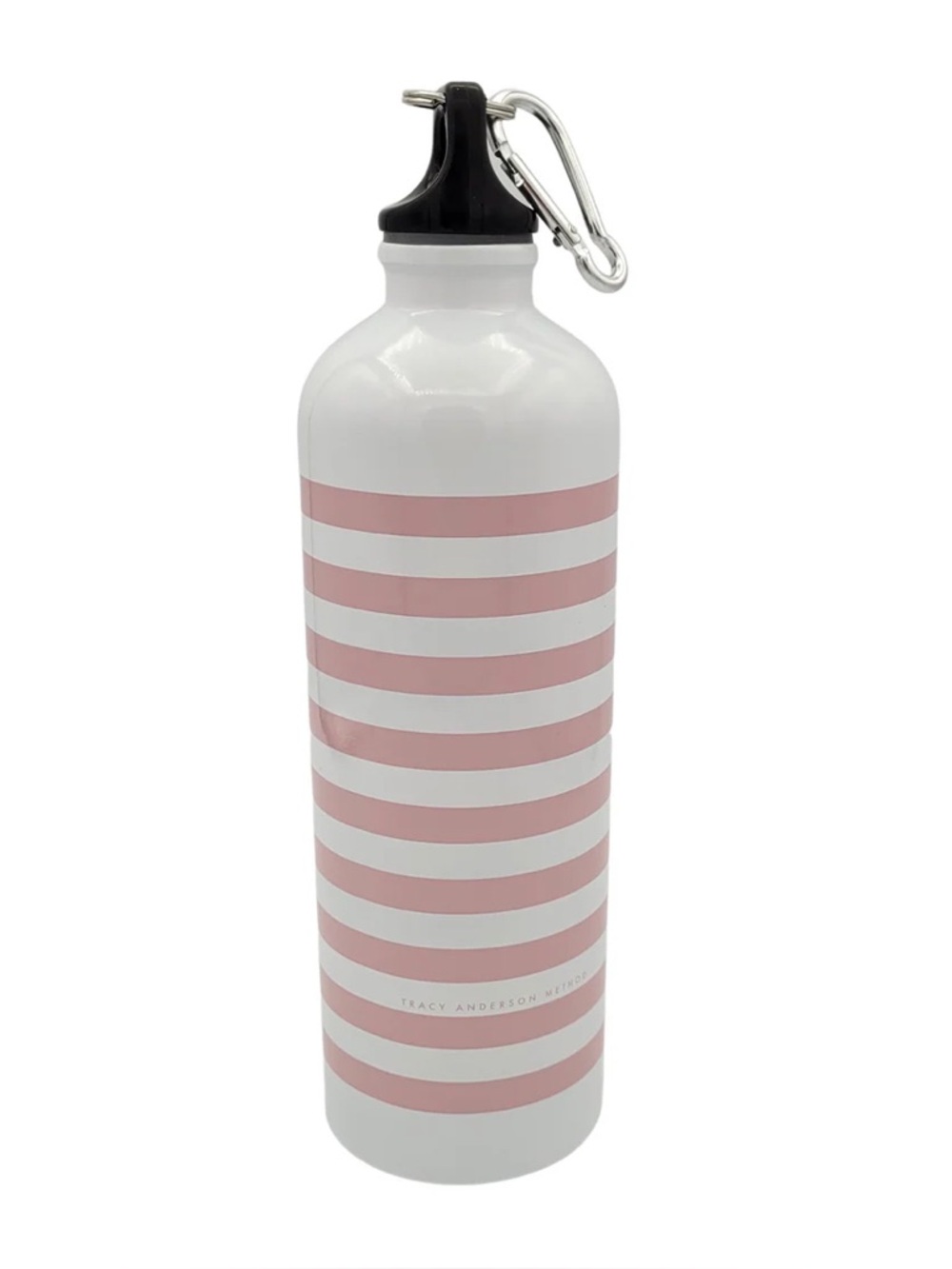 NWT Tracy Anderson Pink and White Stripe Aluminum Water Bottle with Keychain